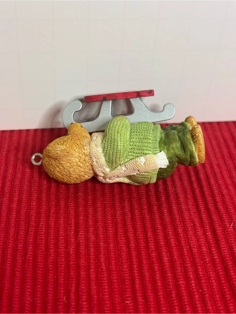Hallmark Dexter Next Bear Ornament in Green Sweater with Red Sled